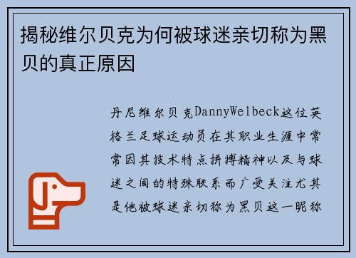 揭秘维尔贝克为何被球迷亲切称为黑贝的真正原因
