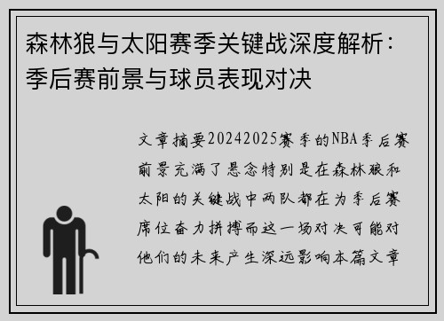 森林狼与太阳赛季关键战深度解析：季后赛前景与球员表现对决