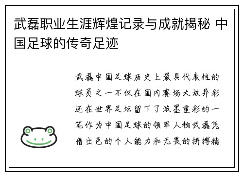 武磊职业生涯辉煌记录与成就揭秘 中国足球的传奇足迹